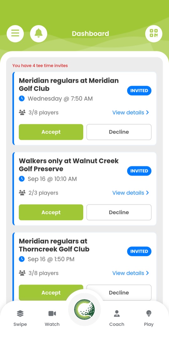 The Cartners dashboard listing tee-time invitations with Accept and Decline buttons