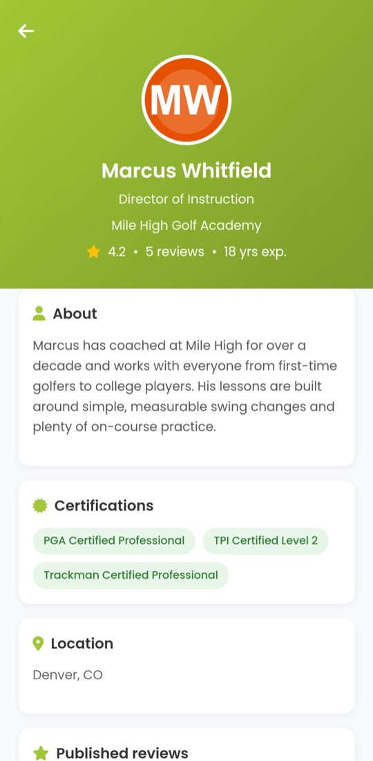 A coach profile with rating, reviews, experience, certifications and location