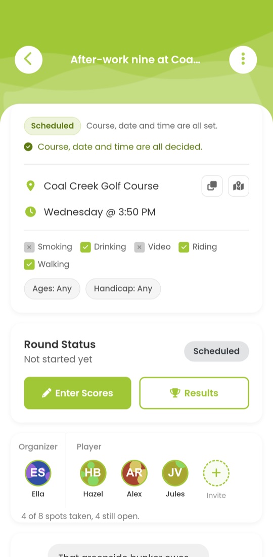 A scheduled tee-time lobby showing the course, time, playing rules, round status and the players who have joined